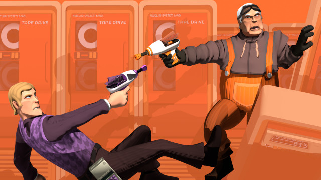 Two of the game's classes: The Programmer and the Fabricator, aiming pistols at each other in a gunfight.