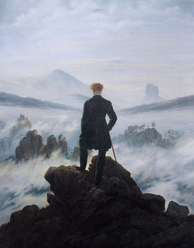 Wanderer above the Sea of Fog by Caspar David Friedrich, a painting of a man seen from behind, standing on a rocky outcrop and overlooking a foggy mountainscape. The man has a cane and his silhouette is similar to the shape of the urine on the pillar in the tweet above.