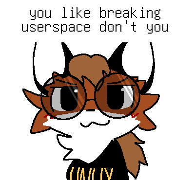 xenia, a fox mascot proposed for linux back in the 90s, drawn in the style of the "you like kissing boys" meme. caption reads "you like breaking userspace don't you" in linux's default console font (Uni2-Fixed16.psf.gz).