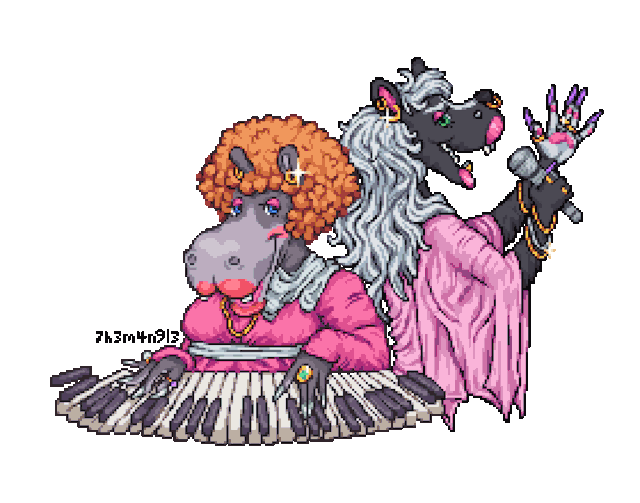 [long description ahead] dolli dimples and sally sashay from chuck e cheese pizza time theatre are singing next to eachother. dolli, a blue-eyed fat hippo woman with her hair in an orange afro, is sitting behind piano keys. she's wearing a pink dress with a white neck scarf and white fabric belt. her makeup is pink and her long nails are painted silver. dolli is wearing gold earrings, a gold necklace, and gold rings with large gemstones. sally sashay, a green-eyed thin black skunk with white face highlights and long white wavy hair, is singing into a microphone beside her. sally is wearing a light pink, flowy dress, and is wearing stacked gold earrings, stacked gold and silver bracelets, and stacked gold and silver rings. she has a silver heart-shaped subdermal on her upper lip, a gold septum ring in her nose, and a gold canine tooth. sally's long nails are painted vibrant purple. their jewelry is animated to glitter.