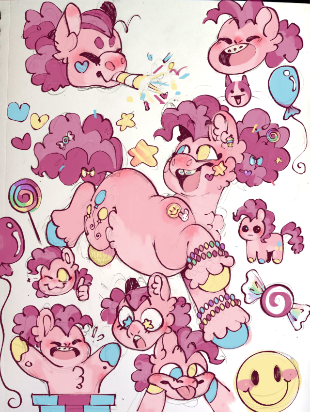 several mixed media drawings of pinkie pie from g4 my little pony. the large centural drawing is a detailed full body. pinkie is trotting and looking to the left. she has gap teeth with braces, blue and yellow heterochromia and hooves, and her hair pulled back into a large puff. she has stickers on her face and shoulders, rainbow cupcake earrings, kandi in the colors of her friends, and little candies, bows, and sprinkles stuck in her mane and tail. she has large streaks of grey-er pink in her hair. the other drawings are small and less detailed and all but two are headshots: pinkie from the waist up bursting from a present and pinkie's full body drawn as the tbh creature. the other drawings feature a variety of expressions of laugher, surprise, silliness, and joy. there are balloons, stars, hearts, and candy scattered around the page 