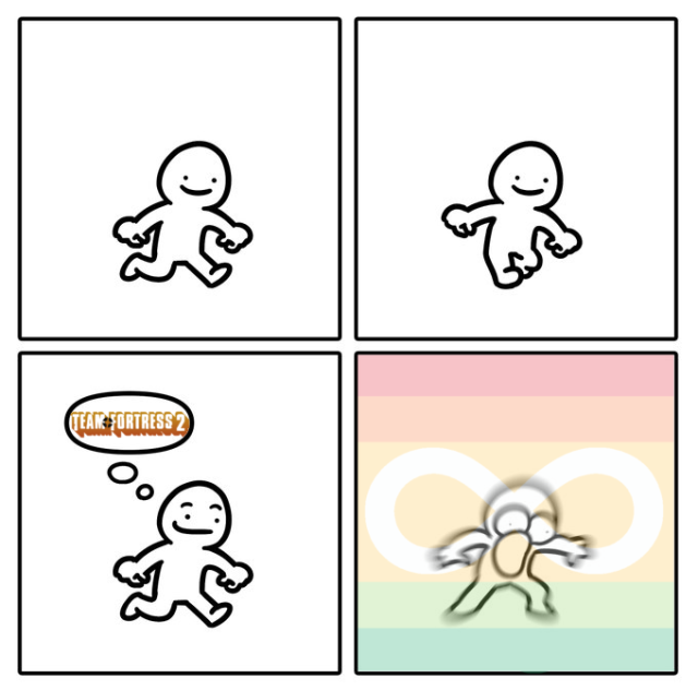 A four-panel comic with a person walking along. In the third panel, a thought bubble appears with the Team Fortress 2 logo in it. The next panel is them looking shocked. The autism pride flag is overlayed.

Comic credit: Mhuyo on Twitter