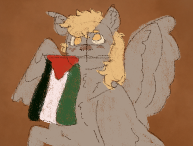 A sketchy drawing of Ditzy Doo, a gray pegasus with blonde hair and gold misaligned eyes. Her wings are spread and she holds the Palestine flag in her mouth with a confident expression.