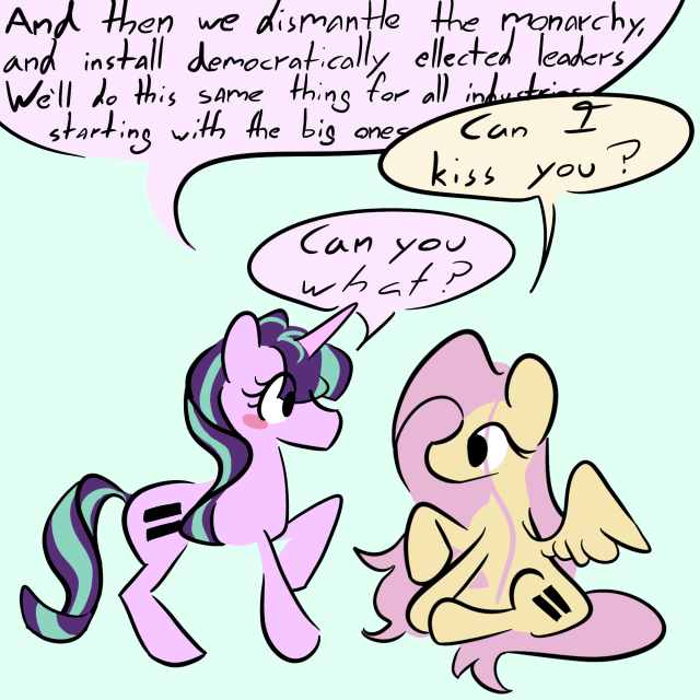 starlight glimmer and fluttershy are in a one panel comic. starlight says "And then we dismantle the monarchy and install democratically elected leaders. We'll do this for all industries too, starting with the big ones–" fluttershy interrupts asking "can i kiss you?" starlight responds "can you what?" what is emphasized. fluttershy is looking at starlights mouth, and starlight is blushing a little and taking a step back. both of them have equals signs instead of their normal cutiemarks