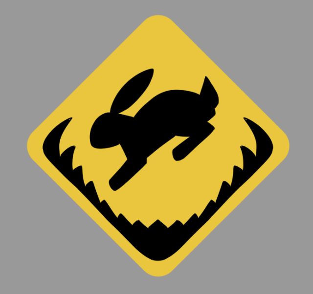 A drawing of a yellow hazard sign depicting the silhouette of a rabbit falling into the jaws of a trap, or some kind of animal.