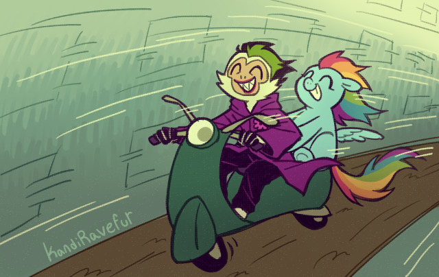digital art of rainbow dash and the jokermort from rainbow dash presents: my little dashie. they are riding a motorcycle, the jokermort driving with rainbow dash holding onto him from behind. they are both grinning.