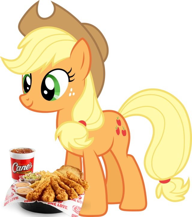 applejack from mlp with a caniac combo edited by her hooves. the caniac combo is a plate of chicken strips, texas toast, fries, coleslaw, dipping sauce, and a tea on the side