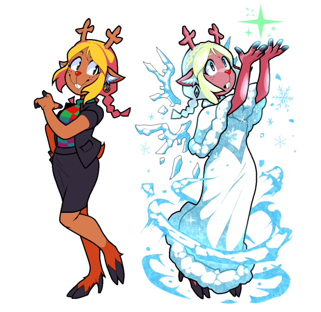 It's Noelle Holiday from Deltarune, with some design changes. Light World version on the left and Dark World version on the right. Light World Noelle is wearing black jacket over red-green checkered turtle neck with short sleeves, and black formal suit skirt. She has double braided hair style and donning round bell-shaped earrings decorated with tiny festive ribbons. She has human-like hands here but the fingertips are black and look solid, bringing up the image of hooves. Her feet are actual deer hooves but somewhat resemble pointy high heels. She is displaying feisty attitude overall with a confident smile. Dark World Noelle has same hair style as Light World version but with one additional braid over her head, just like Zelda from The Legend of Zelda: Tears of the Kingdom. Her snow white dress has two parts: the shawl and sleeveless gown, and both has texture of snow and are embellished with edges that remind a pile of snow. Snowflakes are fluttering around her and the freezing chill is surrounding her lower half. Some magical formation made of snow is hovering over her back, like as the wings of seraphim angel. Noelle here is holding up her magical power with her hands, with curious look on her face.