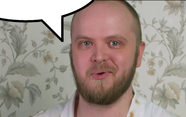 A screencap of Hbomberguy's video essay on plagiarism with a speech bubble edited above his head.